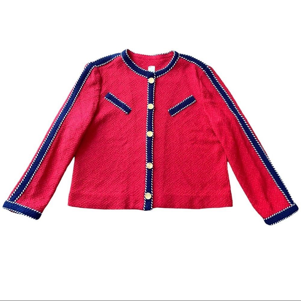 Vintage CHANEL Style Red Tweed Suit Jacket & Skirt